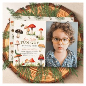 Little Fun Guy Mushroom Bee Boy Photo Birthday Invitation