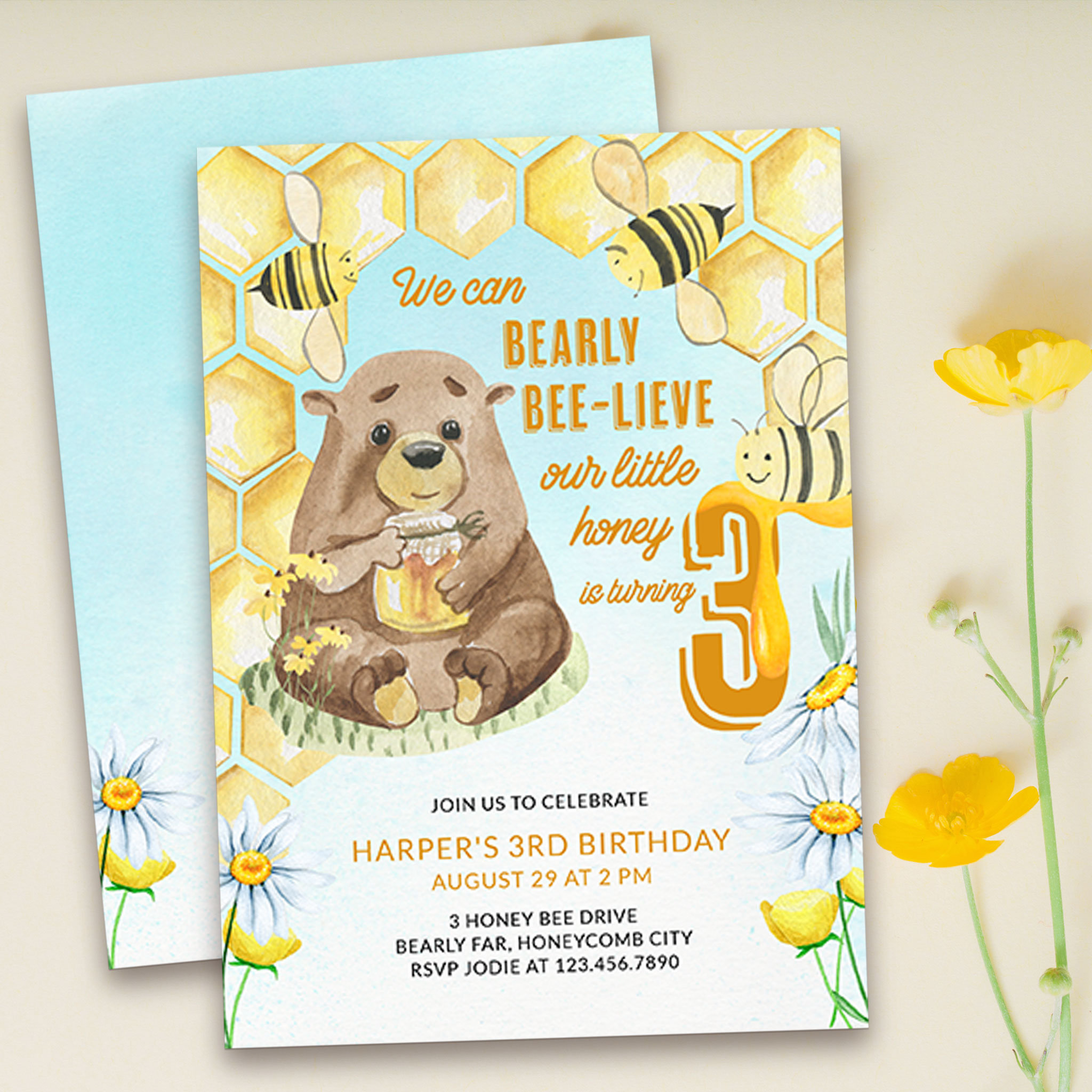 Little Honey Bearly Bee-lieve 3rd Birthday Bee Invitation