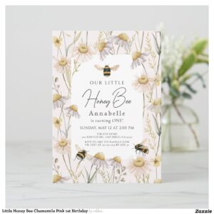Little Honey Bee Chamomile Pink 1st Birthday Invitation