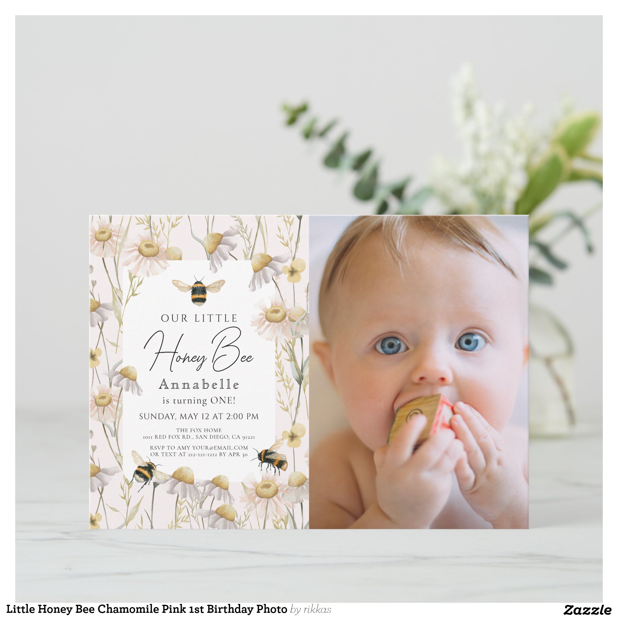 Little Honey Bee Chamomile Pink 1st Birthday Photo Invitation