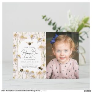Little Honey Bee Chamomile Pink Birthday Photo Invitation