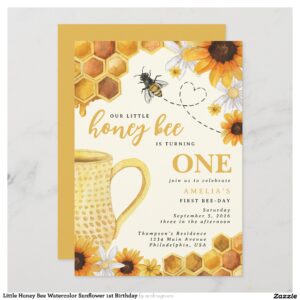Little Honey Bee Watercolor Sunflower 1st Birthday Invitation