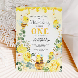 Little Honey Bee Yellow Floral 1st Birthday Party Invitation