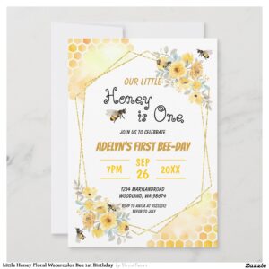 Little Honey Floral Watercolor Bee 1st Birthday Invitation