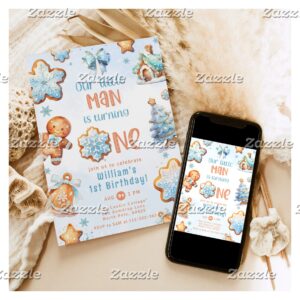 Little Man Christmas Blue Cookie 1st birthday Invitation