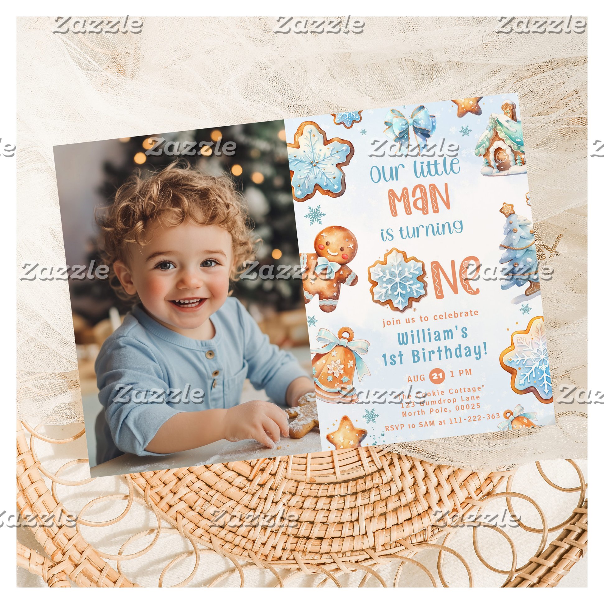Little Man is turning One Christmas birthday photo Invitation
