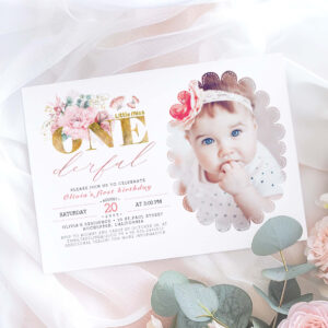 Little Miss ONEderful Gold 1st Birthday Photo Invitation