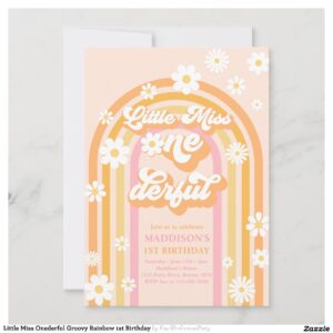 Little Miss Onederful Groovy Rainbow 1st Birthday Invitation