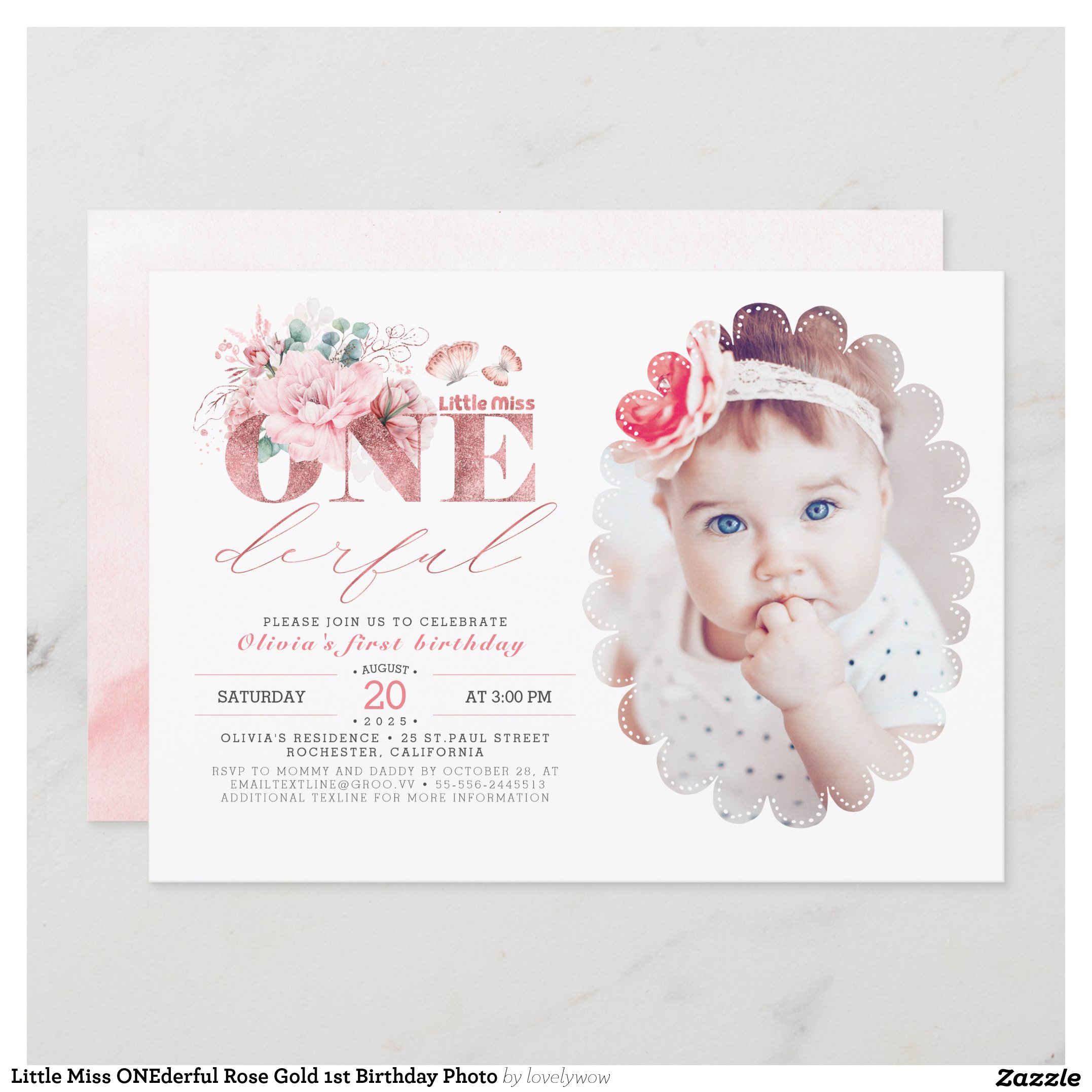 Little Miss ONEderful Rose Gold 1st Birthday Photo Invitation