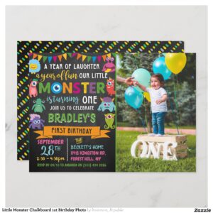 Little Monster Chalkboard 1st Birthday Photo Invitation
