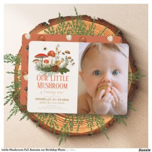 Little Mushroom Fall Autumn 1st Birthday Photo Invitation