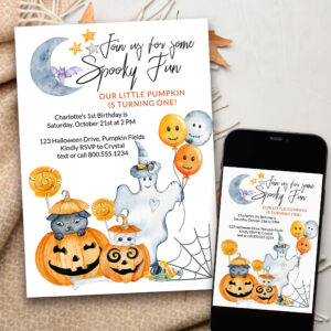 Little Pumpkin Turning One Spooky Fun 1st Birthday Invitation