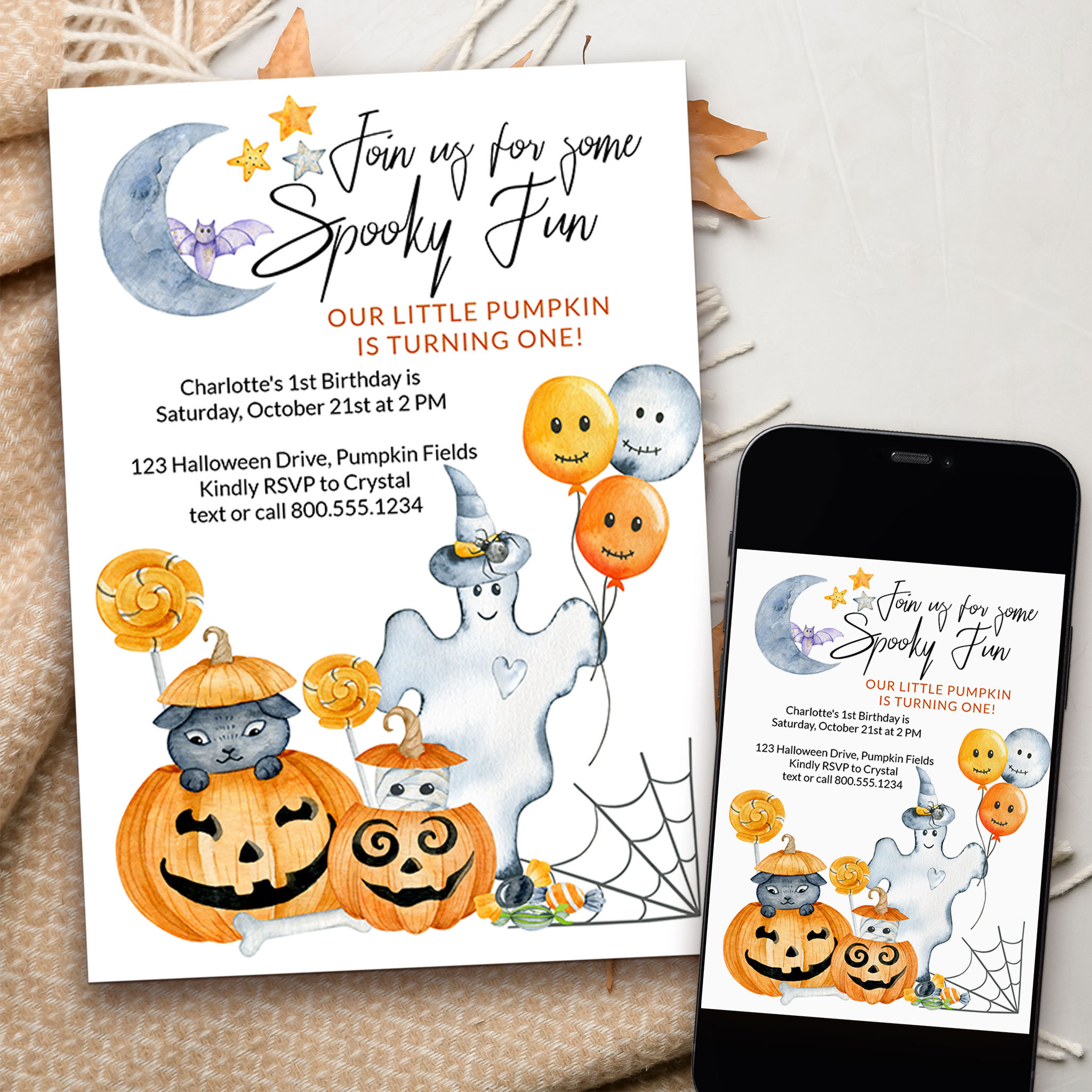 Little Pumpkin Turning One Spooky Fun 1st Birthday Invitation