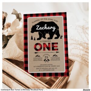 Lumberjack Bear Tartan 1st Birthday Woodland Party Invitation