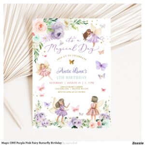 Magic ONE Purple Pink Fairy Butterfly Birthday Invitation
