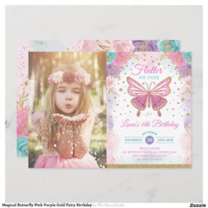 Magical Butterfly Pink Purple Gold Fairy Birthday Invitation