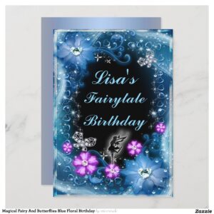 Magical Fairy And Butterflies Blue Floral Birthday Invitation