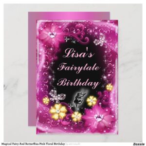 Magical Fairy And Butterflies Pink Floral Birthday Invitation