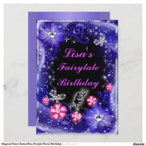 Magical Fairy Butterflies Purple Floral Birthday Invitation