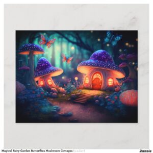 Magical Fairy Garden Butterflies Mushroom Cottages Postcard