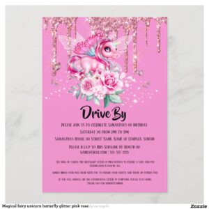 Magical fairy unicorn butterfly glitter pink rose invitation