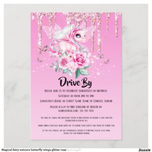 Magical fairy unicorn butterfly wings glitter rose invitation