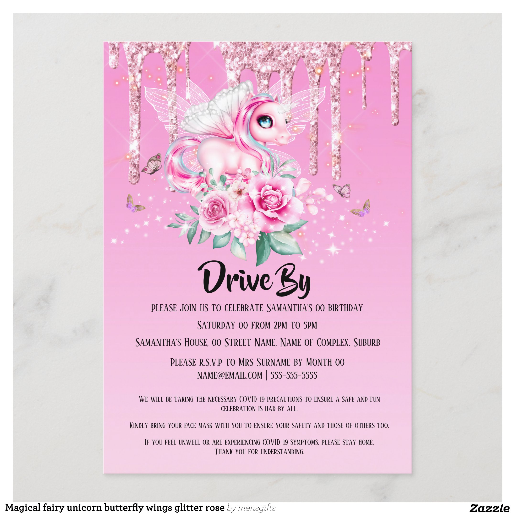 Magical fairy unicorn butterfly wings glitter rose invitation
