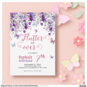 Magical Flutter on Over Floral Butterfly Birthday Invitation
