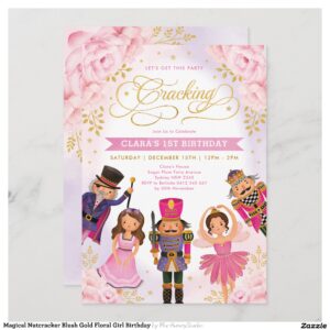 Magical Nutcracker Blush Gold Floral Girl Birthday Invitation