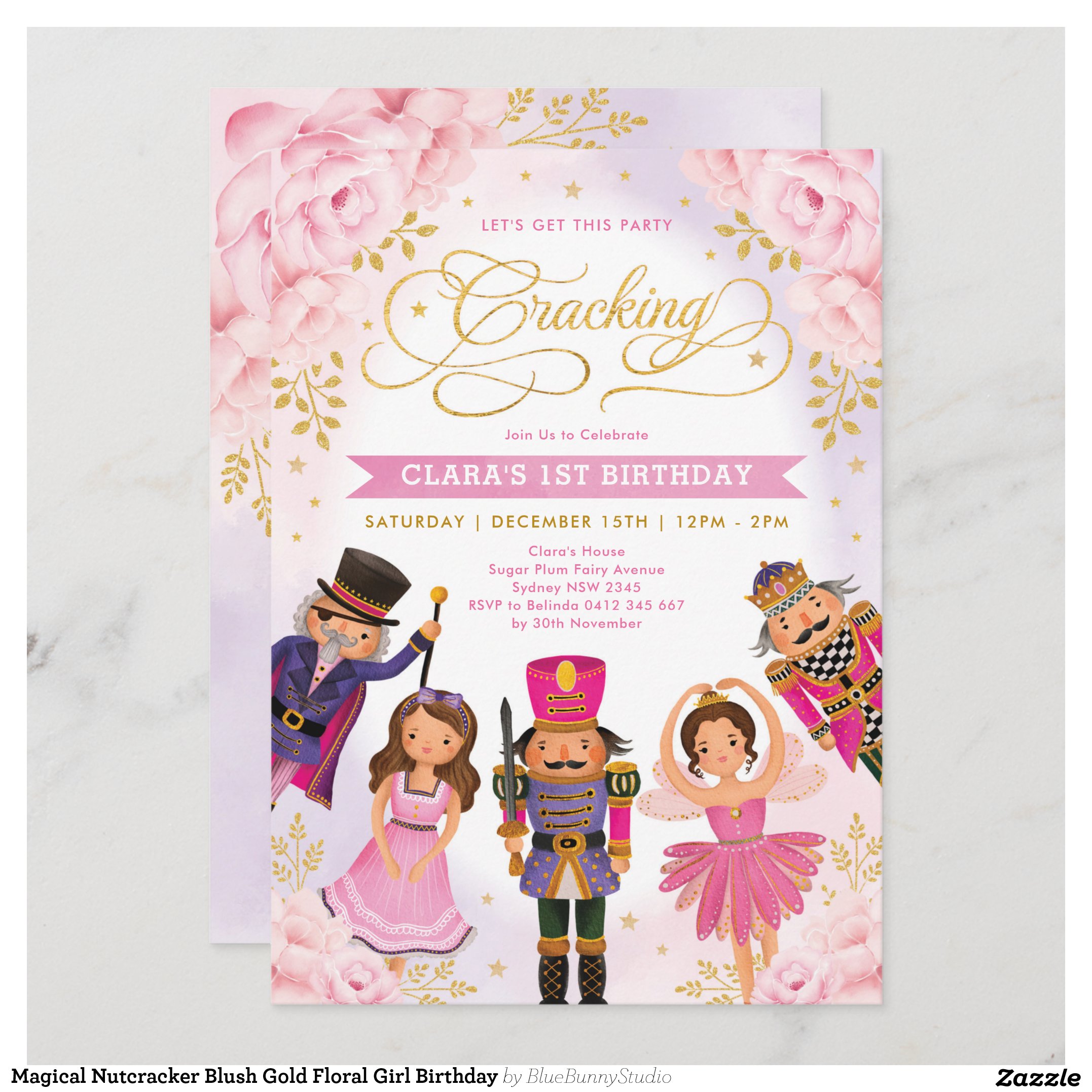 Magical Nutcracker Blush Gold Floral Girl Birthday Invitation