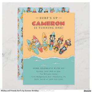 Mickey and Friends Surf's Up Summer Birthday Invitation