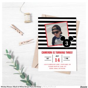 Mickey Mouse Black & White Stripe Photo Birthday Invitation