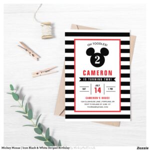 Mickey Mouse Icon Black & White Striped Birthday Invitation