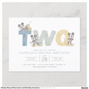 Mickey Mouse Watercolor 2nd Birthday Invitation