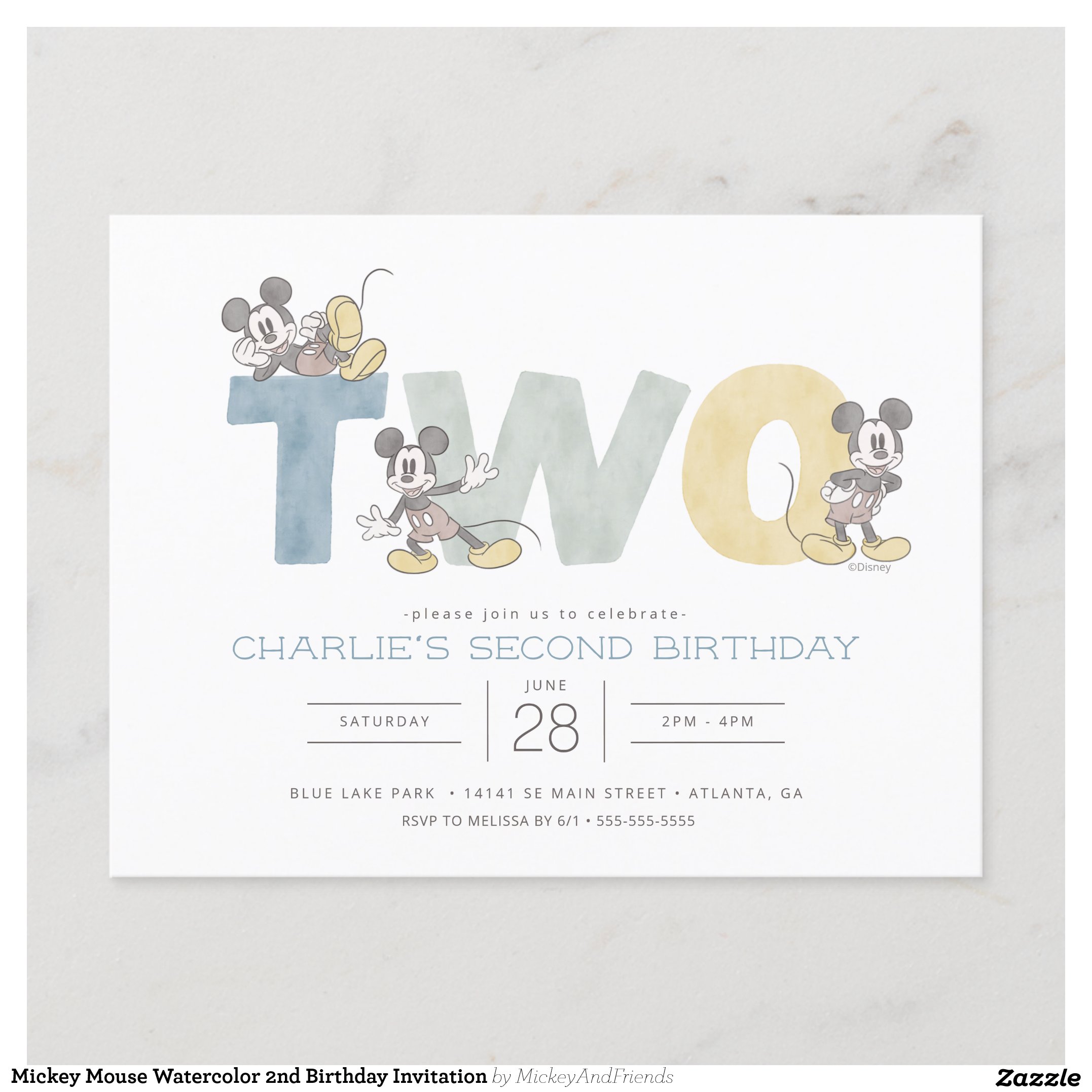 Mickey Mouse Watercolor 2nd Birthday Invitation