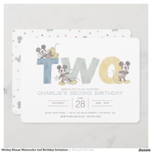 Mickey Mouse Watercolor 2nd Birthday Invitation