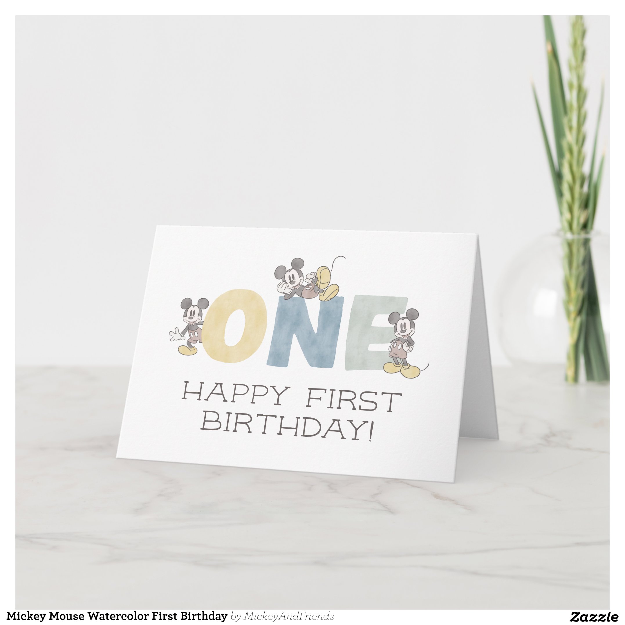 Mickey Mouse Watercolor First Birthday Card