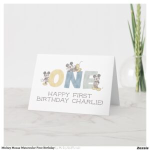 Mickey Mouse Watercolor First Birthday Card