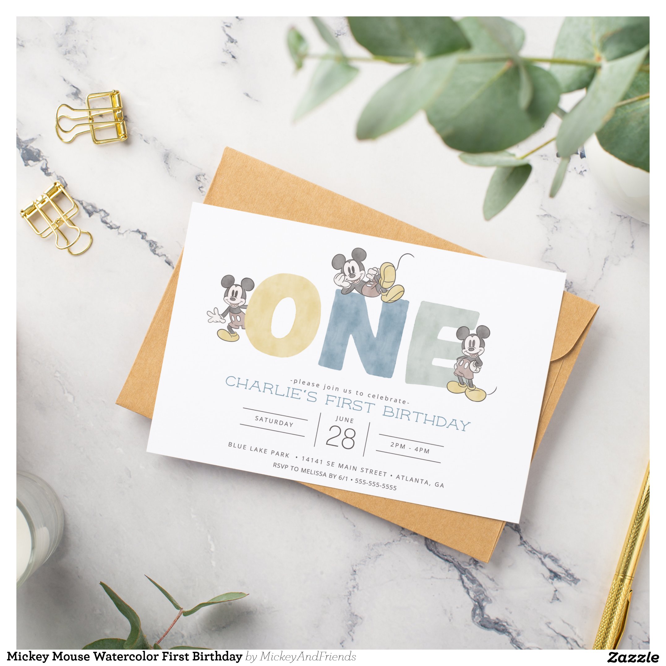Mickey Mouse Watercolor First Birthday Invitation
