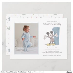 Mickey Mouse Watercolor First Birthday - Photo Invitation