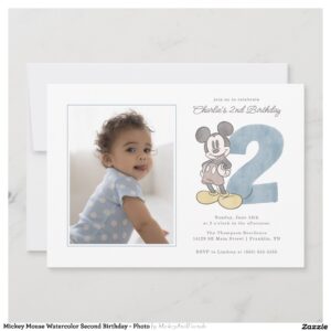 Mickey Mouse Watercolor Second Birthday - Photo Invitation