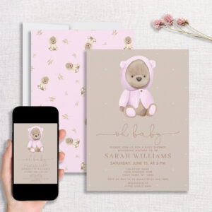 Minimalist Oh Baby Pink Bear Baby Shower Invitation