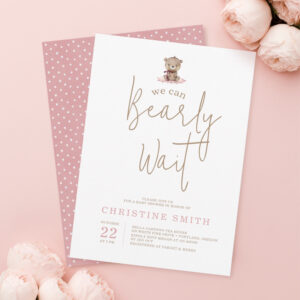 Minimalist Pink Teddy Bear Watercolor Baby Shower Invitation