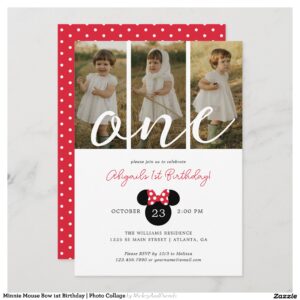 Minnie Mouse Bow 1st Birthday Photo Collage Invitation
