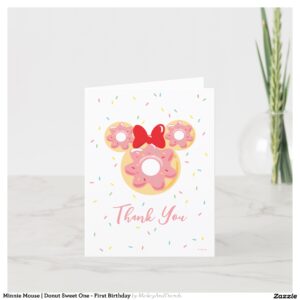 Minnie Mouse Donut Sweet One - First Birthday Thank You Card