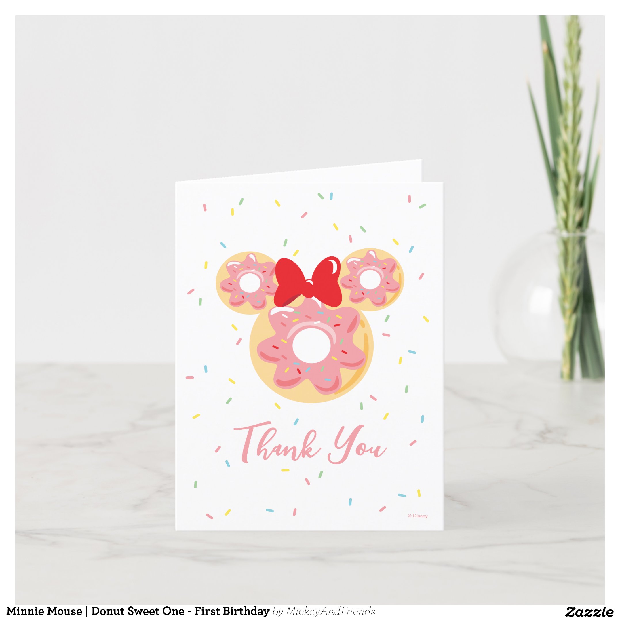 Minnie Mouse Donut Sweet One - First Birthday Thank You Card