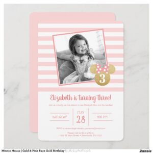 Minnie Mouse Gold & Pink Faux Gold Birthday Invitation