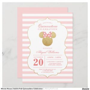 Minnie Mouse Gold & Pink Quincea?era Celebration Invitation