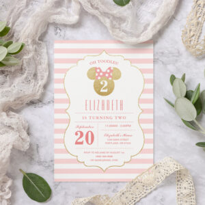 Minnie Mouse Gold & Pink Striped Birthday Invitation