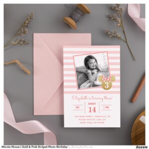 Minnie Mouse Gold & Pink Striped Photo Birthday Invitation